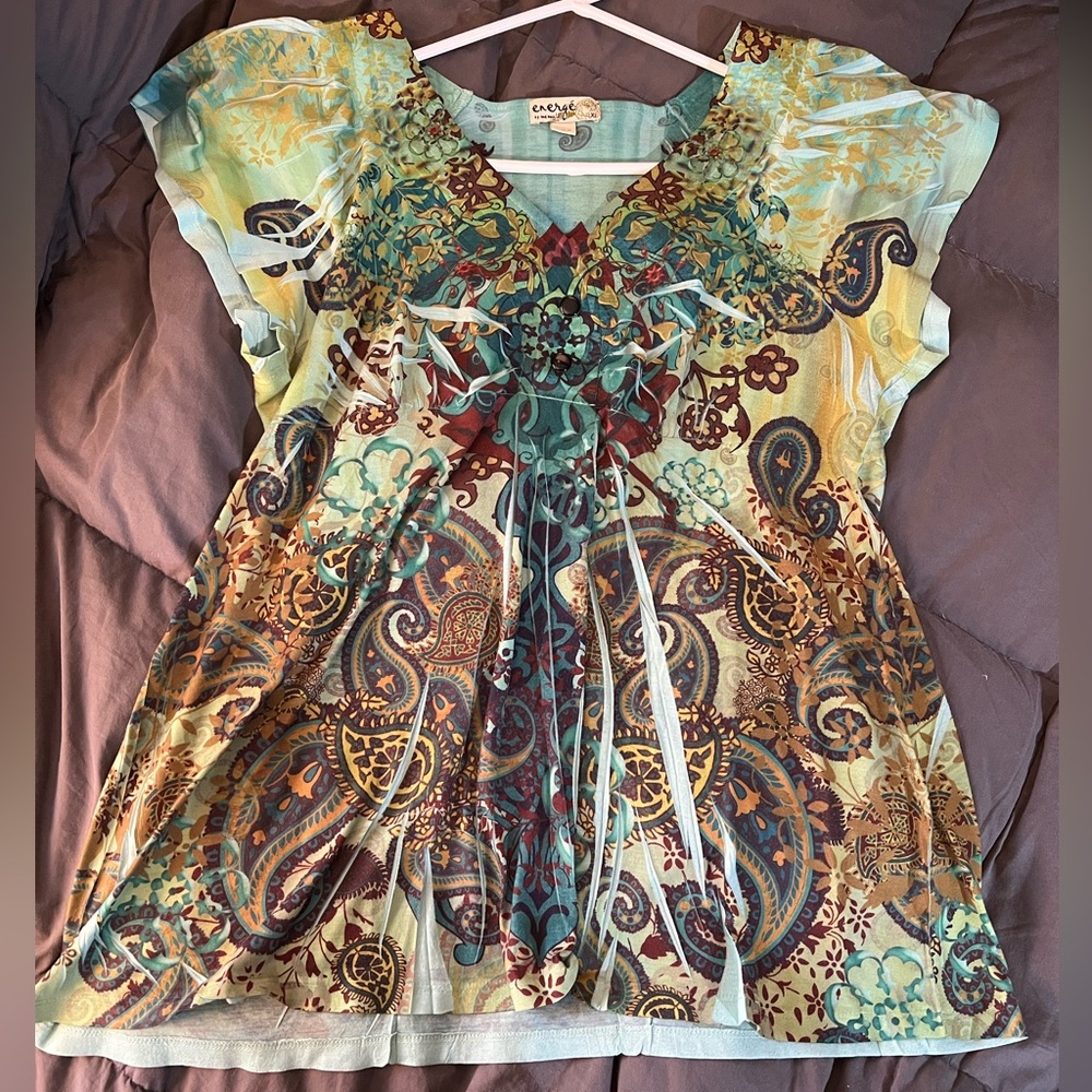 Energe Multi Colored pattern short sleeve Blouse XL